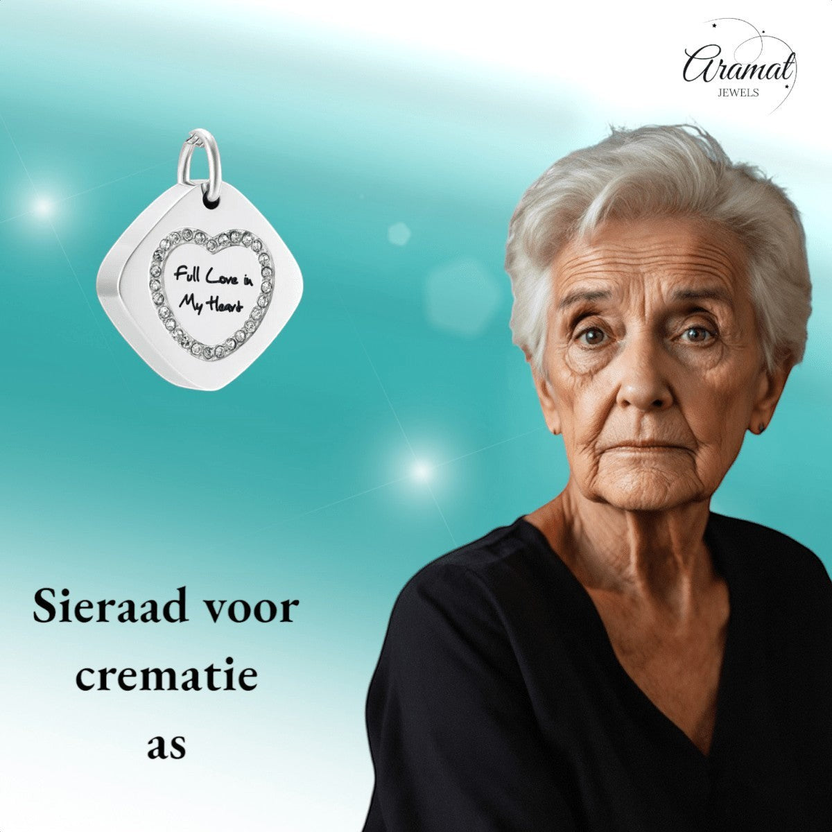 Aramat Jewels vierkante stalen ashanger met hartvormige zirkonia's en tekst "full love in my heart".