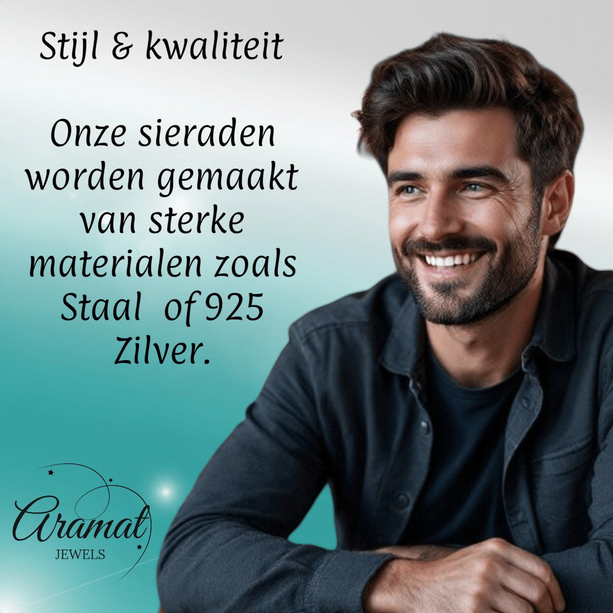 Aramat Jewels zilverkleurige RVS vossenstaart ketting van 70 cm en 5 mm breed, gedragen door een glimlachende man.