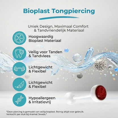 Aramat Jewels white bioplast tongue piercing with a red glitter top. Made from bio-plastic.