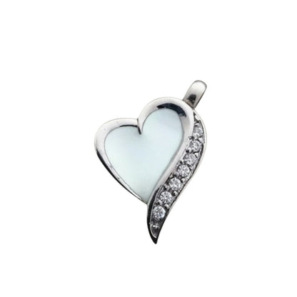 Aramat Jewels white enamel heart cremation pendant with cubic zirconia accents, made of stainless steel.