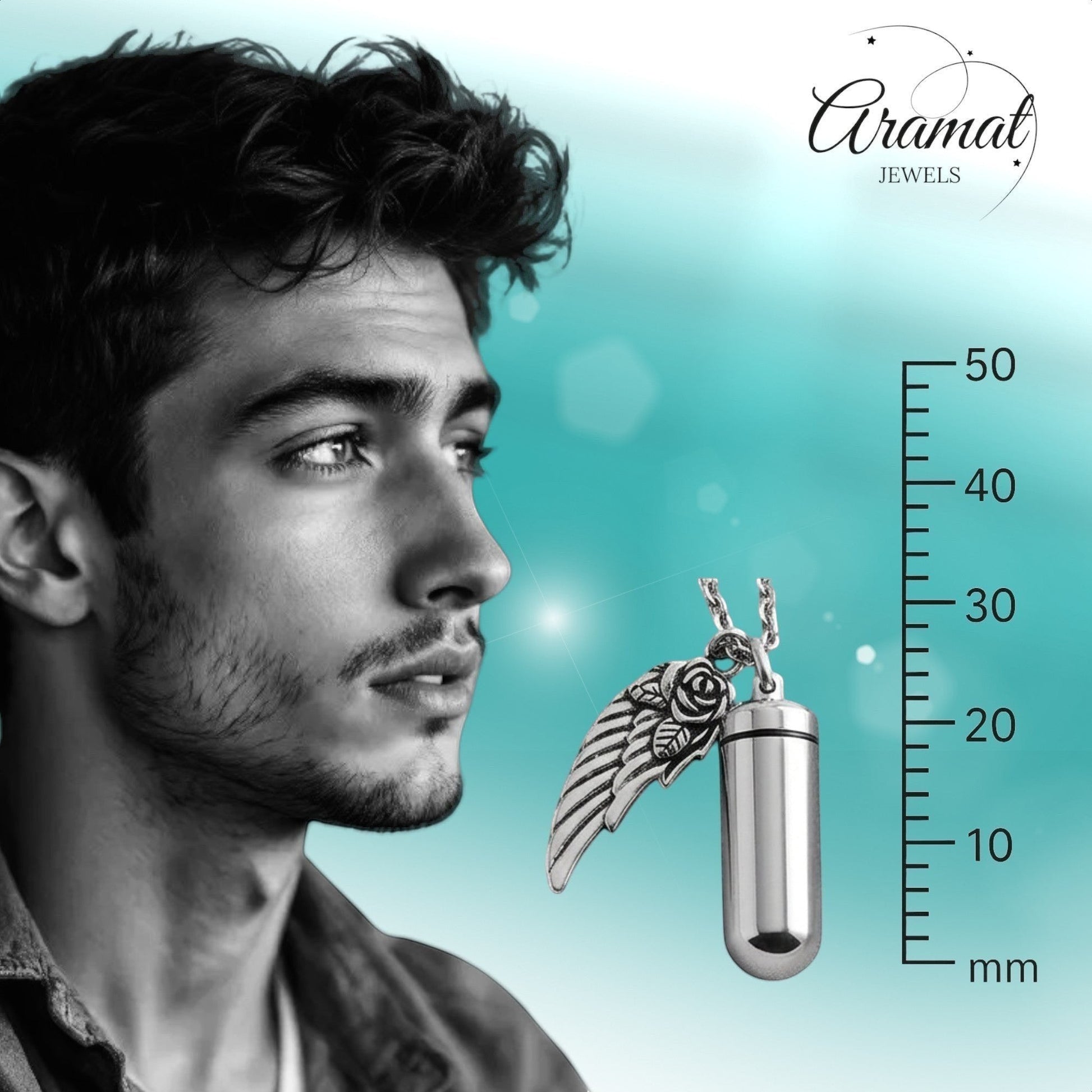 Aramat Jewels zilverkleurige ashanger met vleugel en roos, roestvrij staal, voor dagelijks gebruik.