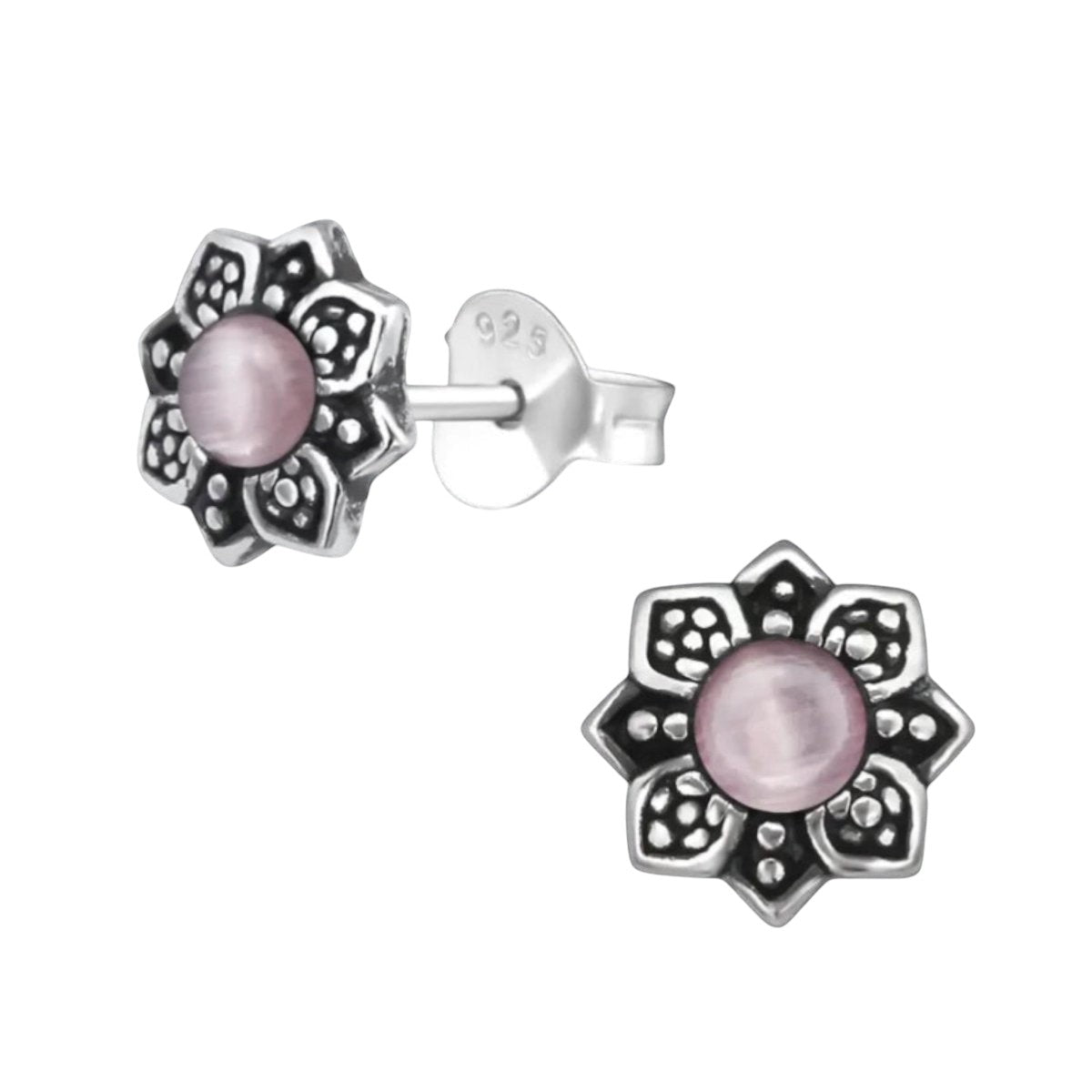 Aramat Jewels zilveren bloem oorbellen met roze cat eye steen, 7mm