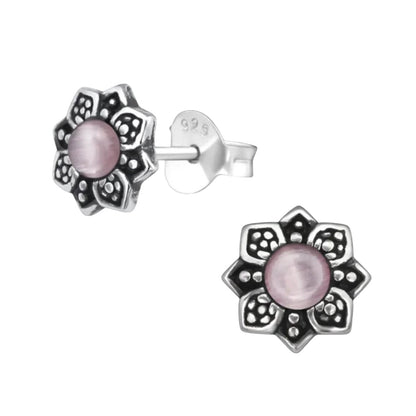 Aramat Jewels zilveren bloem oorbellen met roze cat eye steen, 7mm