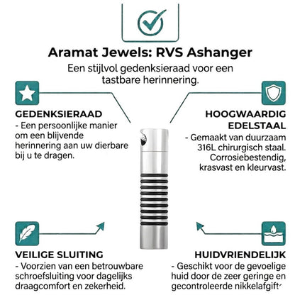 Aramat Jewels zilverkleurige stalen buis ashanger met zwarte ringen, voor mannen. Discreet rouwsieraad.