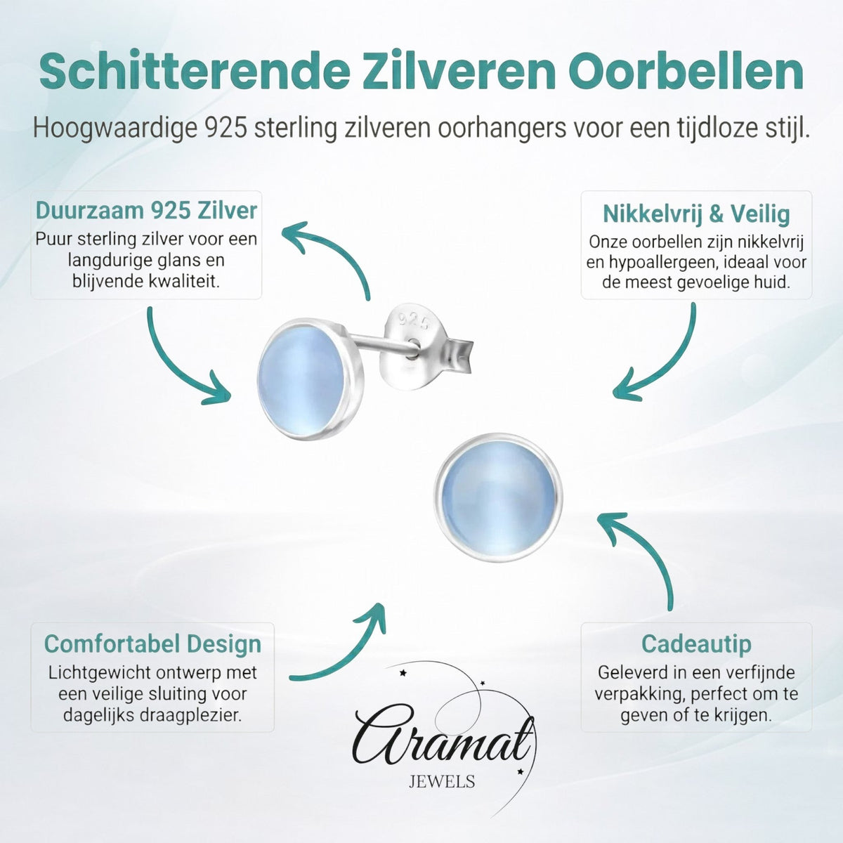 Aramat Jewels zilveren oorstekers met 6mm ronde blauwe cats eye steen, nikkelvrij en comfortabel.