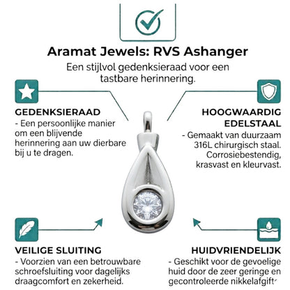 Aramat Jewels zilverkleurige stalen crematiehanger met zirkonia, druppelvormig met schroefsluiting.