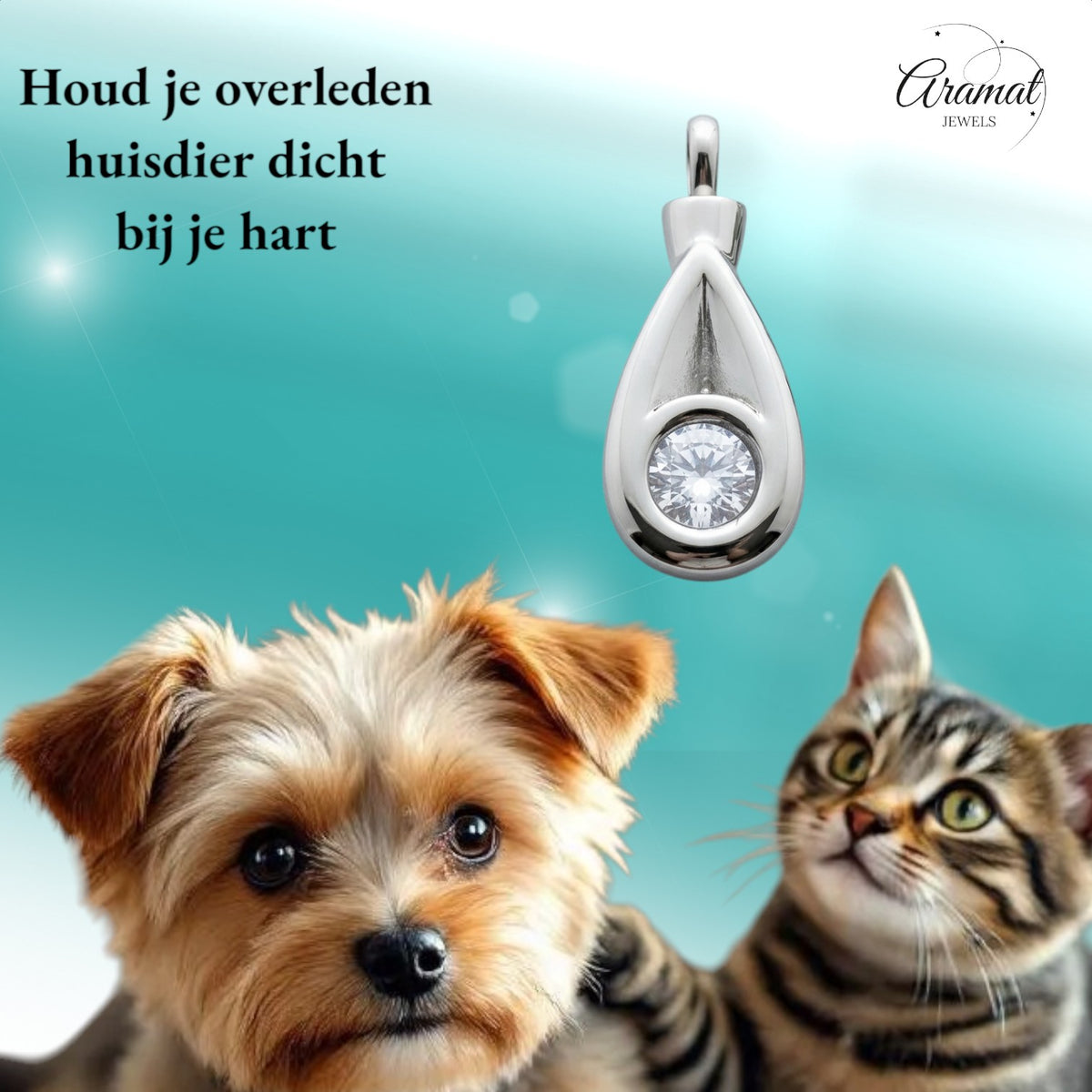 Aramat Jewels zilverkleurige stalen crematiehanger met zirkonia, druppelvormig met schroefsluiting.