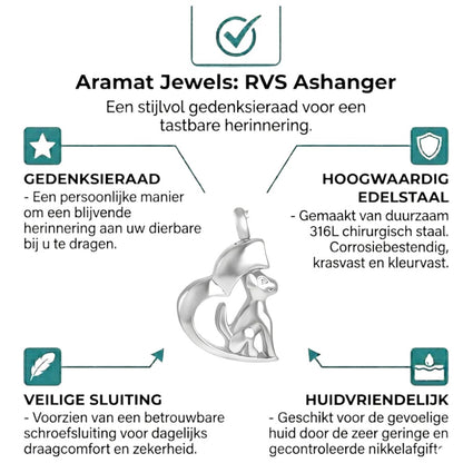 Aramat Jewels zilverkleurige stalen hond ashanger 30x20mm, hartvormig, waterbestendig gedenksieraad.