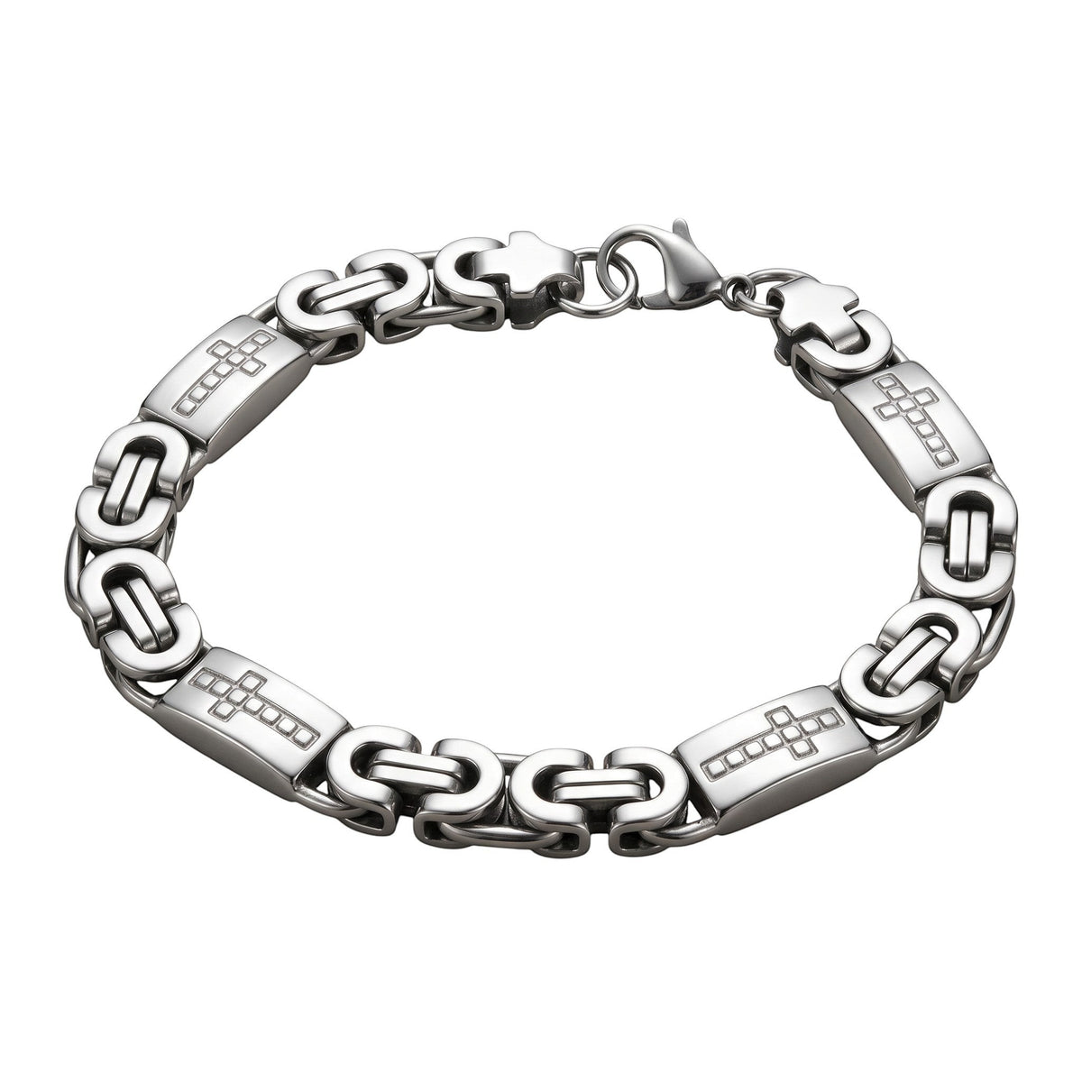 Aramat Jewels zilverkleurige koningsschakel armband van staal met kruisjes, 9mm breed en 21cm lang.