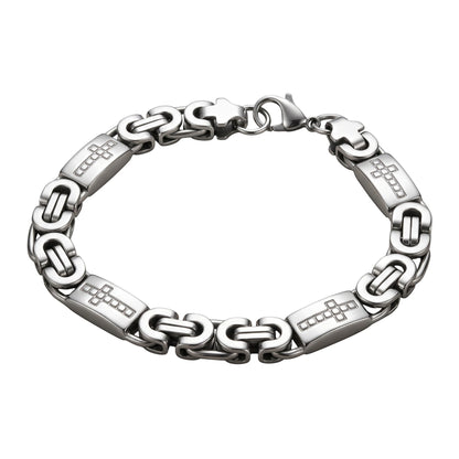 Aramat Jewels zilverkleurige koningsschakel armband van staal met kruisjes, 9mm breed en 21cm lang.