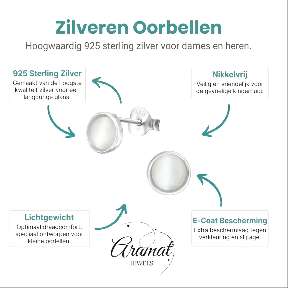 Aramat Jewels® 6mm ronde zilveren oorstekers met witte kattenoogsteen, nikkelvrij en lichtgewicht.