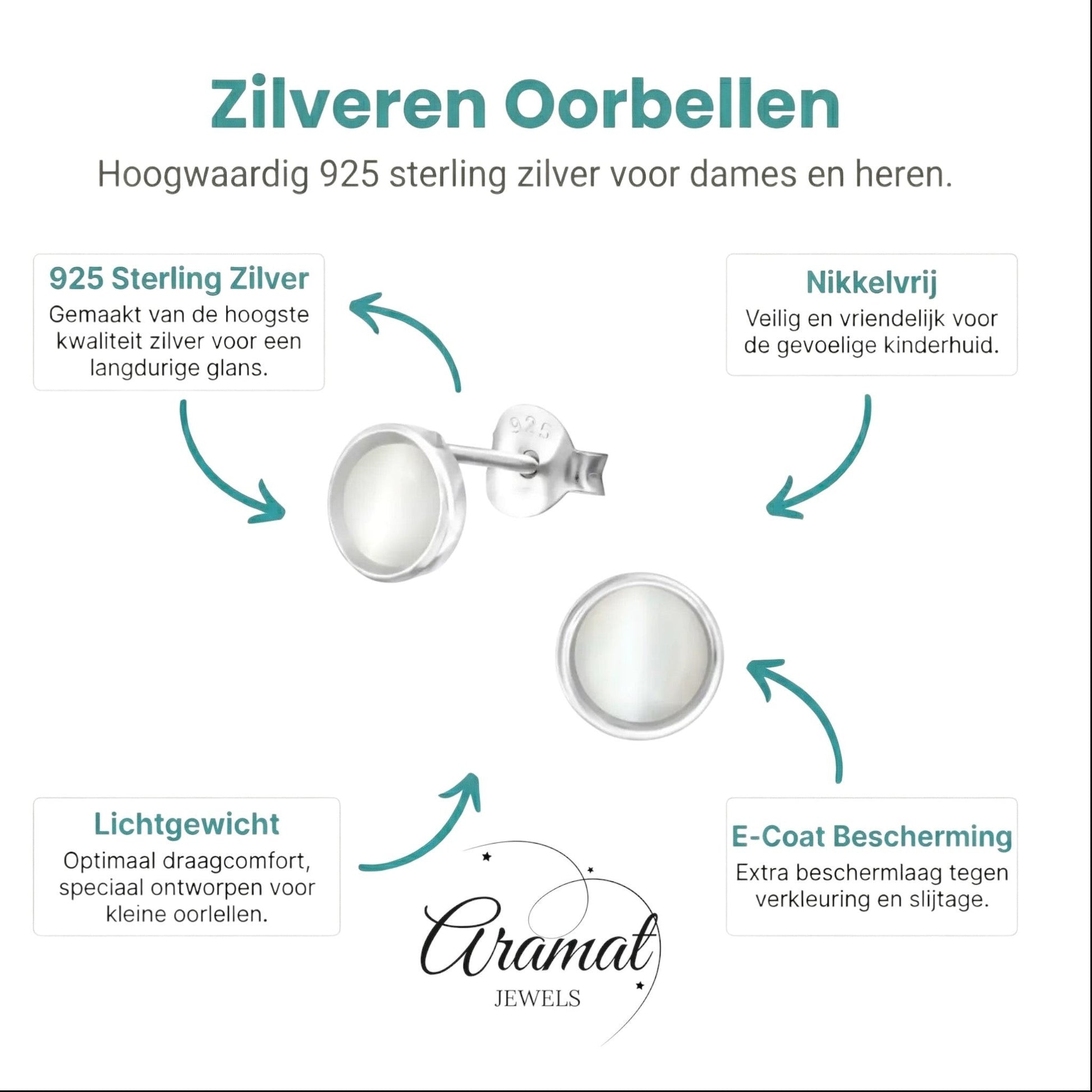 Aramat Jewels® 6mm ronde zilveren oorstekers met witte kattenoogsteen, nikkelvrij en lichtgewicht.