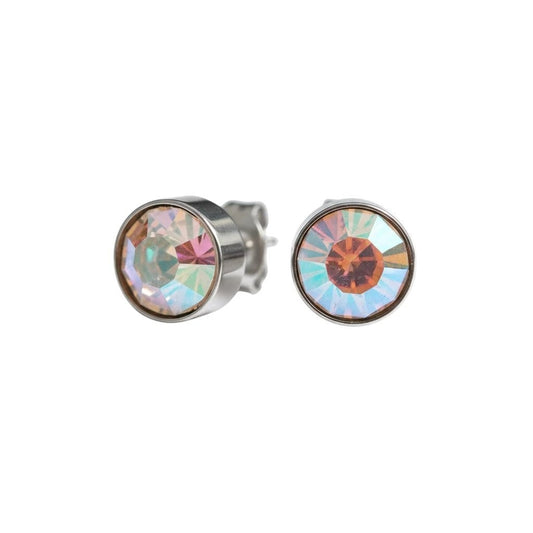 Aramat Jewels zilverkleurige oorstekers met 8mm AB transparant kristal. Uniseks, gemaakt van roestvrij staal.