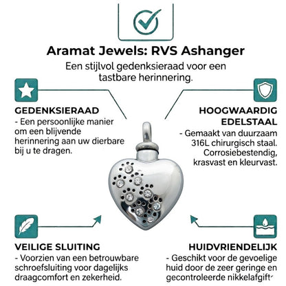 Aramat Jewels® zilverkleurige stalen ashanger in hartvorm met zirkonia pootjes en schroefsluiting.