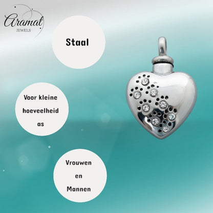 Aramat Jewels zilverkleurige stalen ashanger in hartvorm met zirkonia pootjes en schroefsluiting.