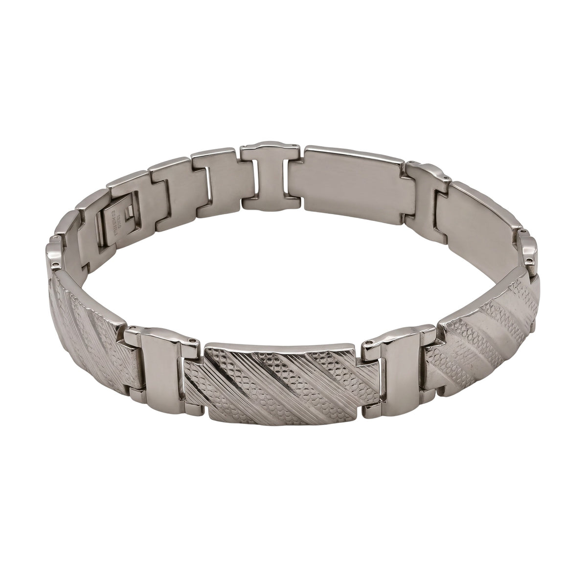 Aramat Jewels zilverkleurige stalen schakelarmband voor heren, 22cm lang en 13mm breed, met fantasiepatroon.