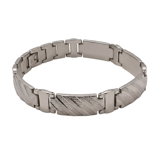 Aramat Jewels zilverkleurige stalen schakelarmband voor heren, 22cm lang en 13mm breed, met fantasiepatroon.