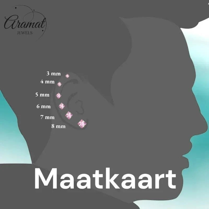 Aramat Jewels zilverkleurige oorstekers met 8mm AB transparant kristal, maatkaart.