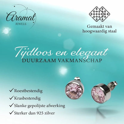 Aramat Jewels zilverkleurige oorstekers met 10mm roze kristal, gemaakt van roestvrij staal.