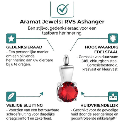 Aramat Jewels zilverkleurige RVS ashanger met rode zirkonia, 28x12mm, waterbestendig gedenksieraad.