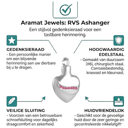 Aramat Jewels zilverkleurige stalen hart ashanger met een lijn van roze zirkonia's, 32mm.