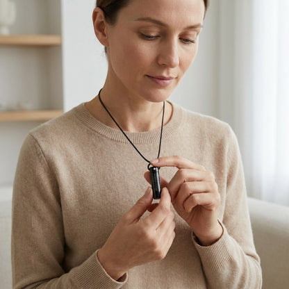 Aramat Jewels zwarte buisvormige crematiehanger van roestvrij staal met gebedstekst, 3x0,9cm, gedragen door een vrouw.