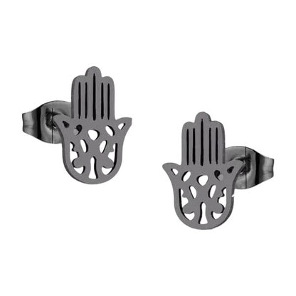 Zwarte Aramat Jewels Hamsa oorstekers van RVS in de vorm van een Handje van Fatima, 11x7mm groot.