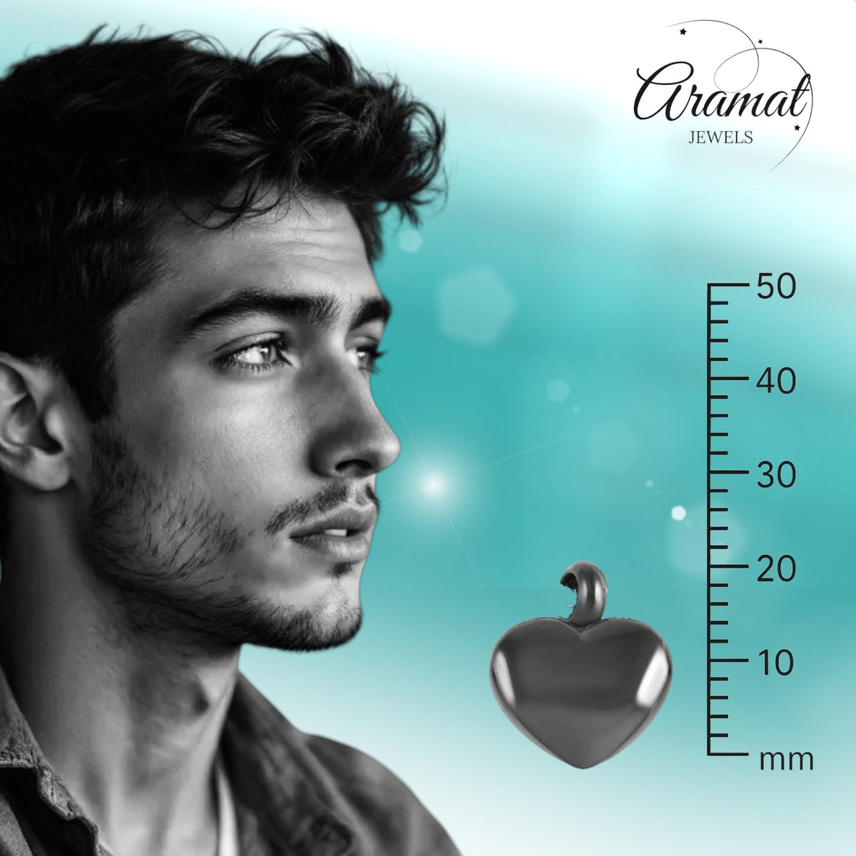 Aramat Jewels® zwarte hartvormige asbedel van 17mm van roestvrij staal aan een zilverkleurige slangenhalsketting.