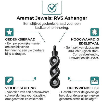 Aramat Jewels zwarte stalen ashanger met drie zirkonia's, schroefsluiting, gedenksieraad zonder ketting.