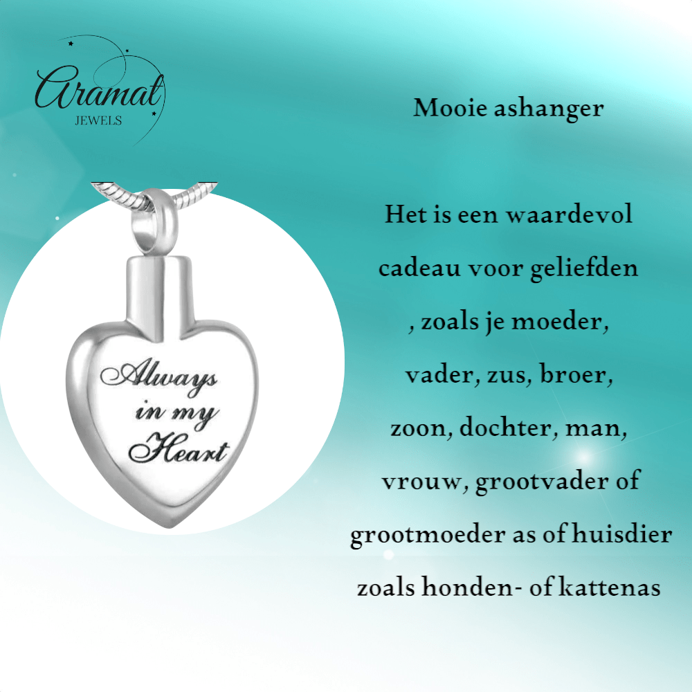 Ashanger hart Always in my heart – zilverkleur - Aramat Jewels - Gedenkhangers - cadeautip