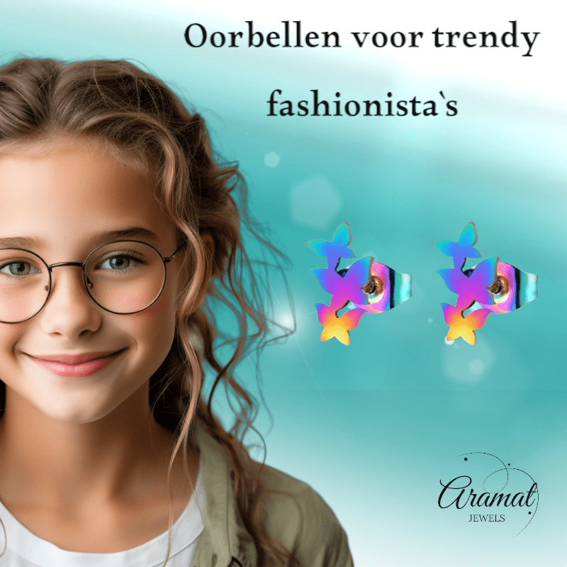 Bar oorstekers multikleur – 3 vlinders – 10x6mm - Aramat Jewels - Oorbellen - cadeautip