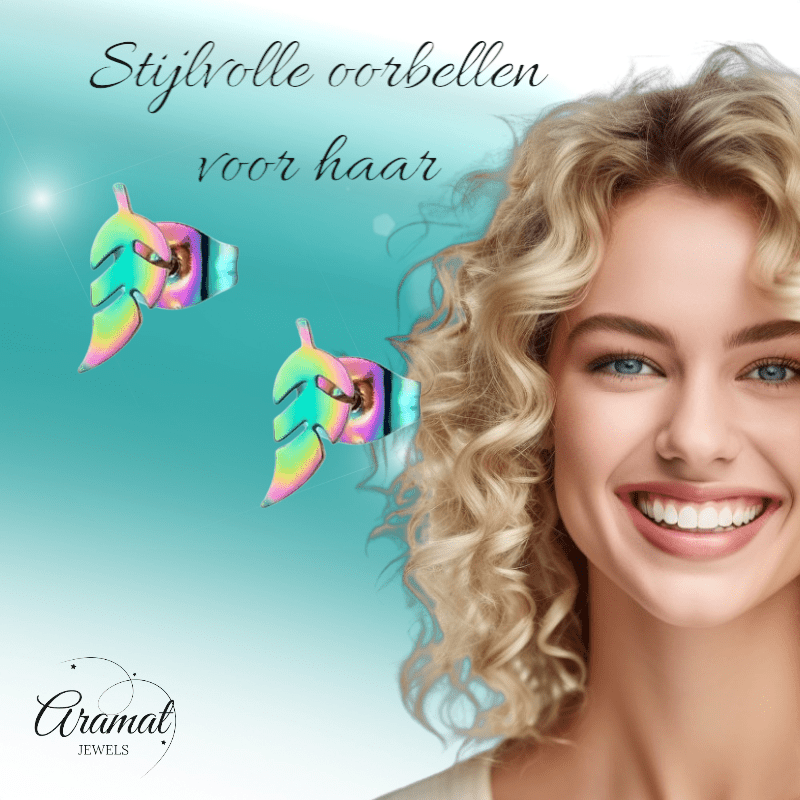 Bladvormige Oorbellen – RVS – 5x13 mm – Uniseks Regenboogkleur - oor151 - Oorbellen kopen# - 13mm - alles - blad