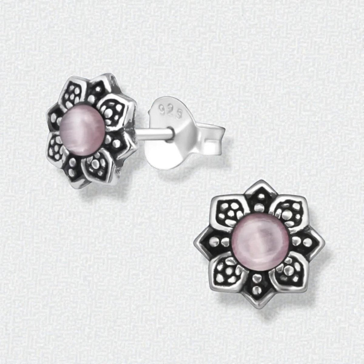 Bloem Oorbellen met Cat Eye Steen - Zilveren Sieraden - Aramat Jewels - Oorbellen - cadeautip