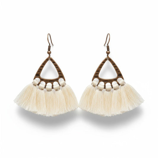 Boho oorhangers met creme kwastjes en bronskleur, 55x30mm, lichtgewicht festival oorbellen voor dames