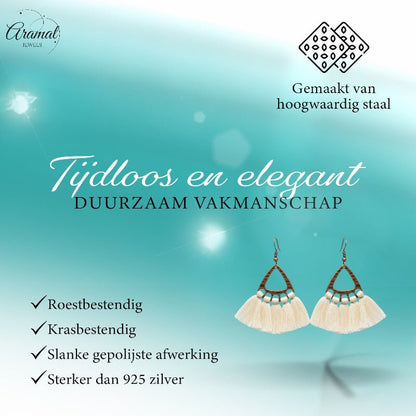 Boho Oorhangers Kwastjes Creme 55x30mm - Aramat Jewels - Oorbellen - cadeautip