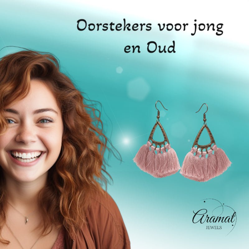 Boho oorhangers met licht roze kwastjes en bronskleur, 55x30mm, lichtgewicht festival oorbellen voor dames
