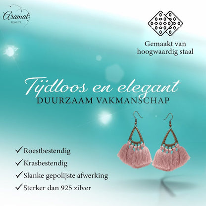 Boho Oorhangers Kwastjes Roze 55x30mm - Aramat Jewels - Oorbellen - cadeautip