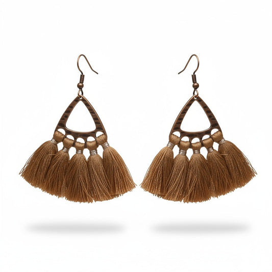 Festival oorhangers bruin met kwastjes, boho stijl, 55x30mm, aardse oorbellen met oorhaak