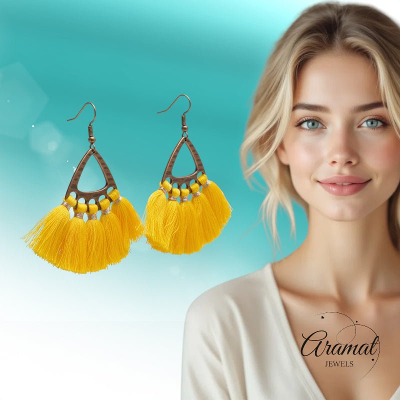 Boho Oorhangers met Kwastjes Geel 55x30mm - Aramat Jewels - Oorbellen - cadeautip
