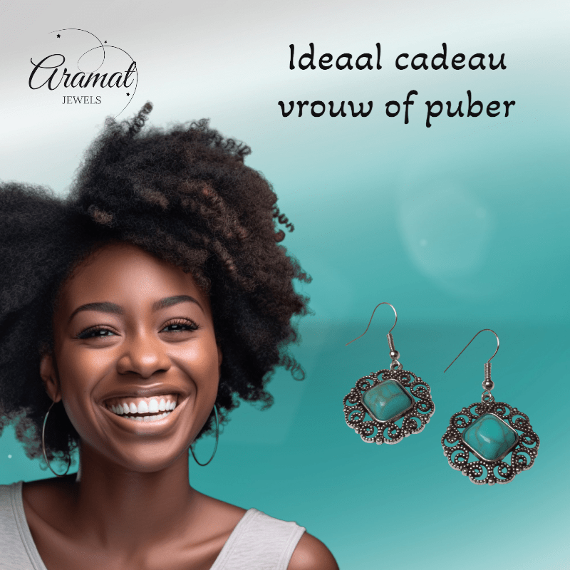 Boho Oorhangers met Vierkante Turquoise Steen - oor6023 - Oorhangers kopen# - alles - bali - blauw