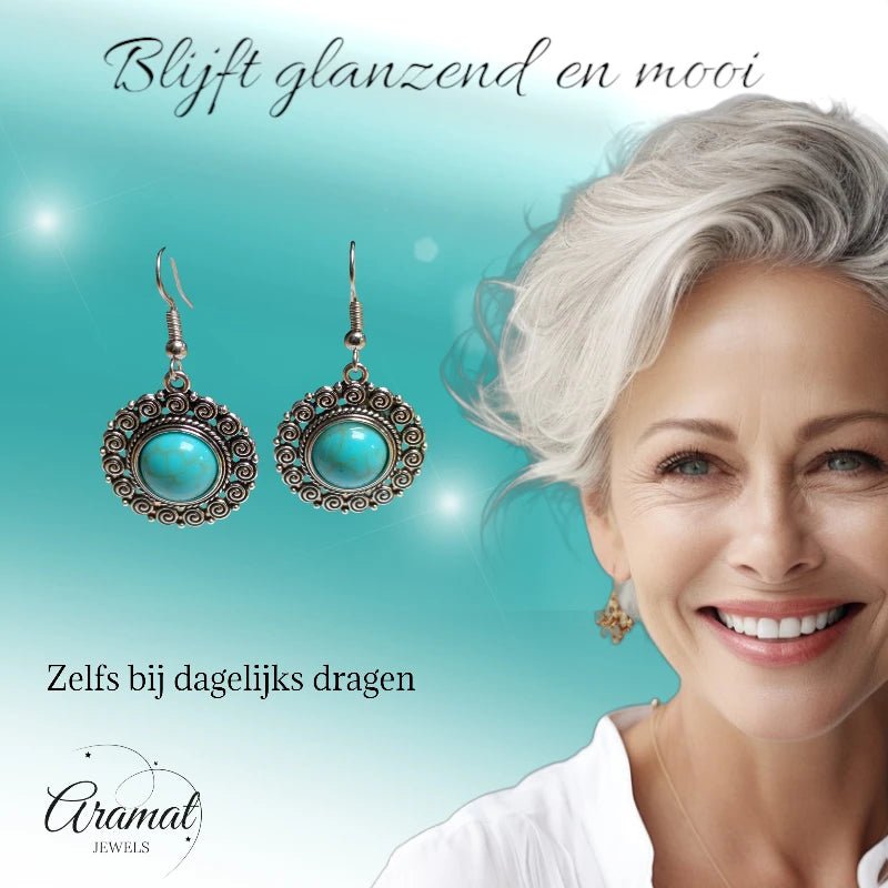 Boho Ronde Oorhangers – Blauwe Gemarmerde Stenen (46x25mm) - oor6054 - Oorhangers kopen# - 45mm - alles - bali