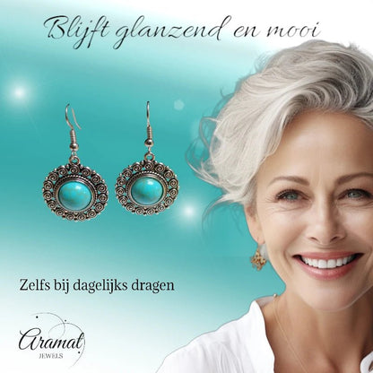 Boho Ronde Oorhangers – Blauwe Gemarmerde Stenen (46x25mm) - oor6054 - Oorhangers kopen# - 45mm - alles - bali