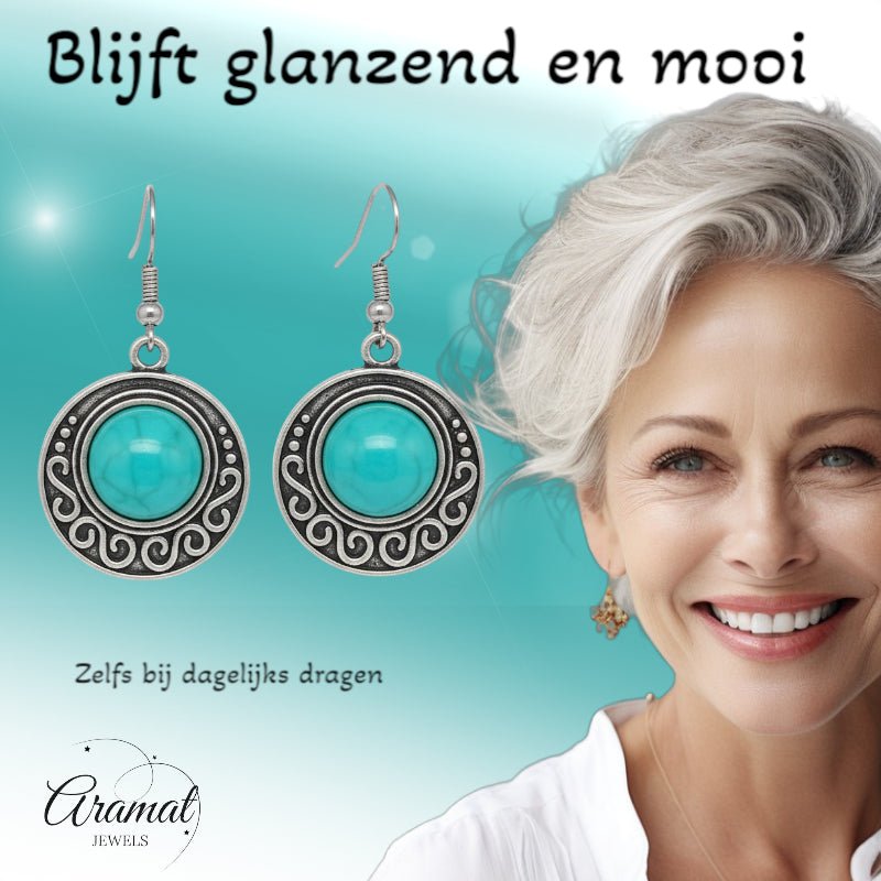 Boho Turquoise Gemarmerde Oorhangers Antiek Zilver - Aramat Jewels - Oorhangers - cadeautip