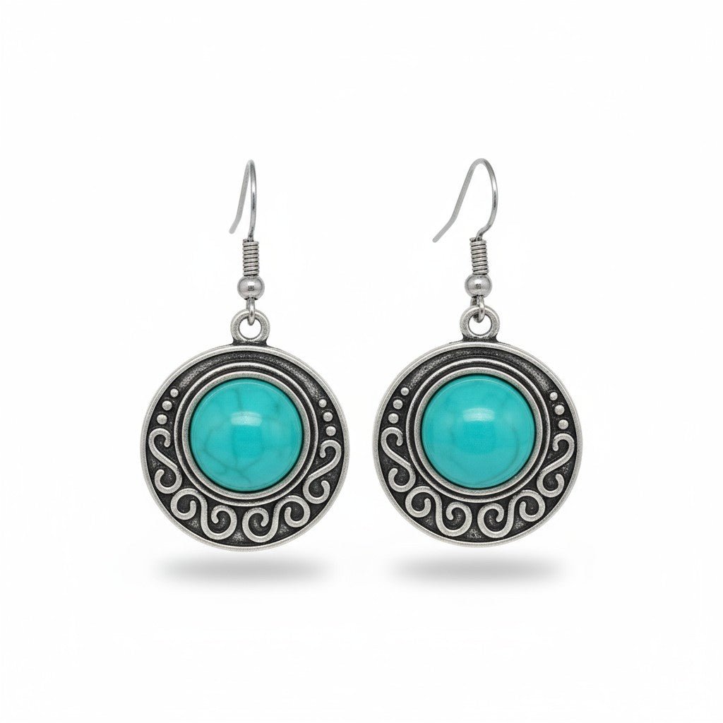 Turquoise gemarmerde oorhangers antiek zilver, ronde boho oorbellen met synthetische steen, trendy sieraden voor vrouwen