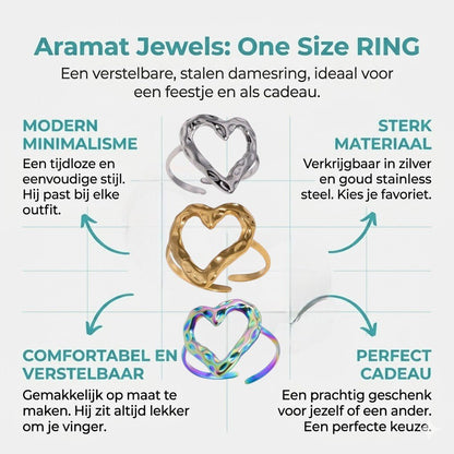 Brede Damesring Verstelbaar – Groot Open Hartje – One Size - Aramat Jewels - Ringen - cadeautip