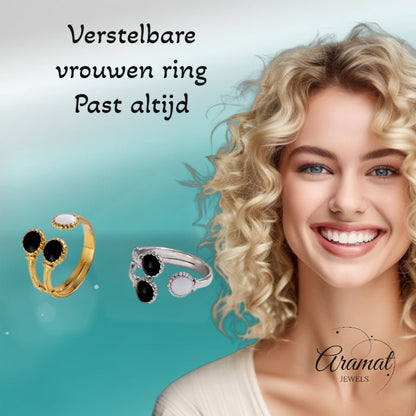 Brede One Size Ring Goudkleurig RVS met Drie Emaille Cirkels (13 mm) - Aramat Jewels - Ringen - cadeautip