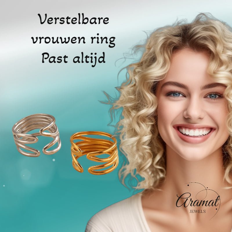 Brede One Size Ring RVS met Modern Lijnenspel (14 mm) - Aramat Jewels - Ringen - cadeautip