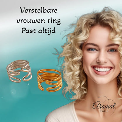 Brede One Size Ring RVS met Modern Lijnenspel (14 mm) - Aramat Jewels - Ringen - cadeautip