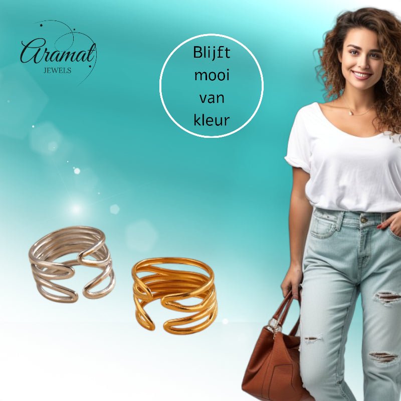 Brede One Size Ring RVS met Modern Lijnenspel (14 mm) - Aramat Jewels - Ringen - cadeautip