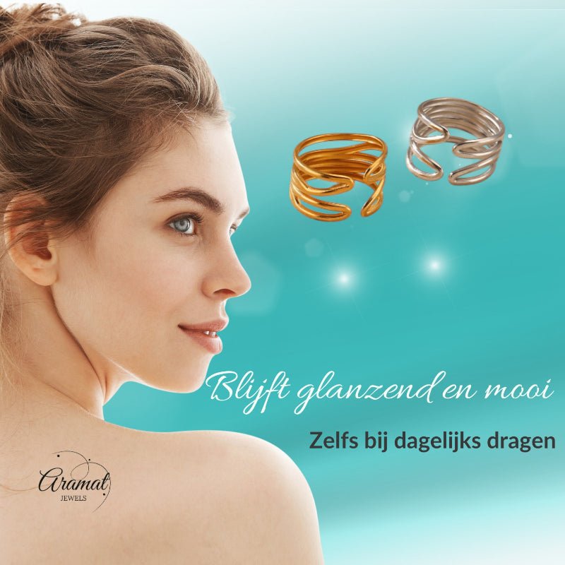 Brede One Size Ring RVS met Modern Lijnenspel (14 mm) - Aramat Jewels - Ringen - cadeautip